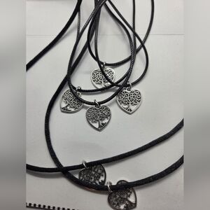 Silver Tone Heart Tree Pendant Necklace on Black Cord - 6 Piece Bundle